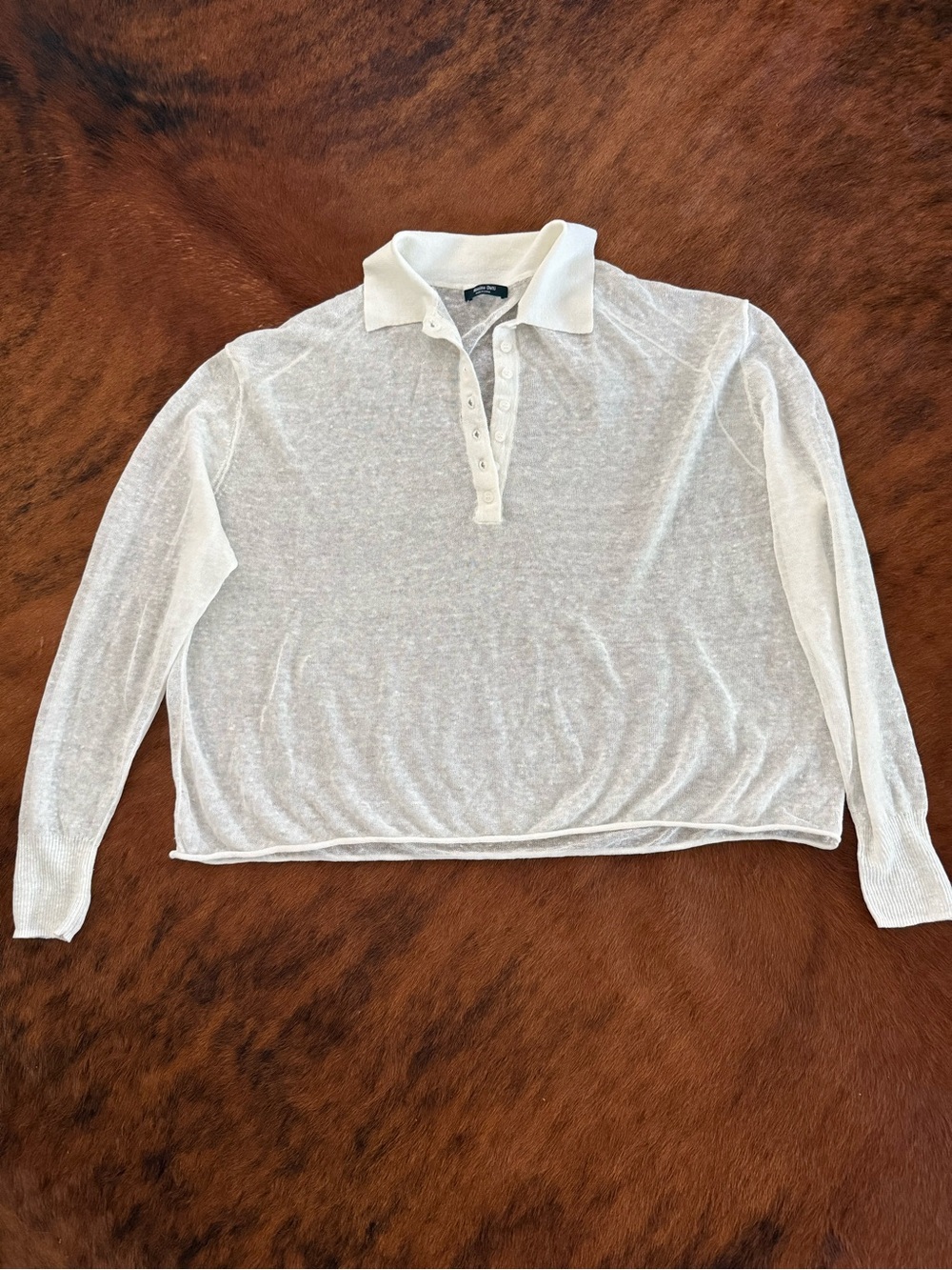 Massimo Dutti Sheer Long-Sleeve Linen Polo in Off-White